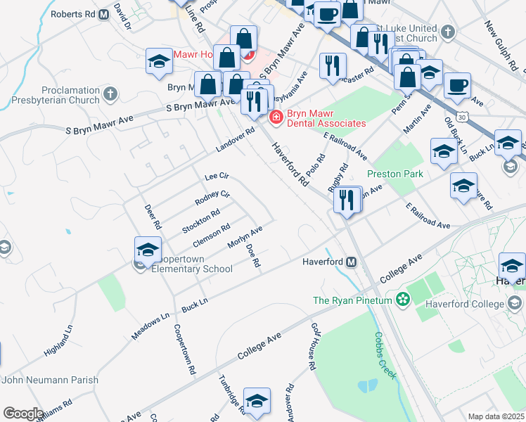 map of restaurants, bars, coffee shops, grocery stores, and more near 245 Lee Circle in Bryn Mawr