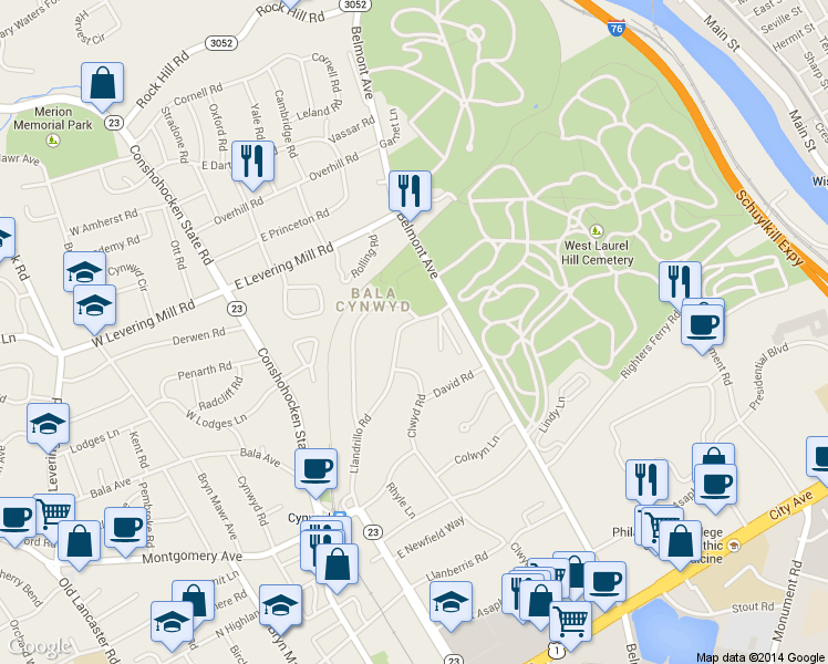 map of restaurants, bars, coffee shops, grocery stores, and more near 347 Llandrillo Road in Bala Cynwyd