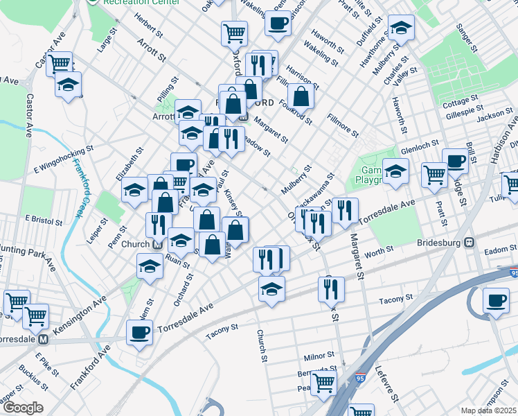 map of restaurants, bars, coffee shops, grocery stores, and more near 4538 Mulberry Street in Philadelphia