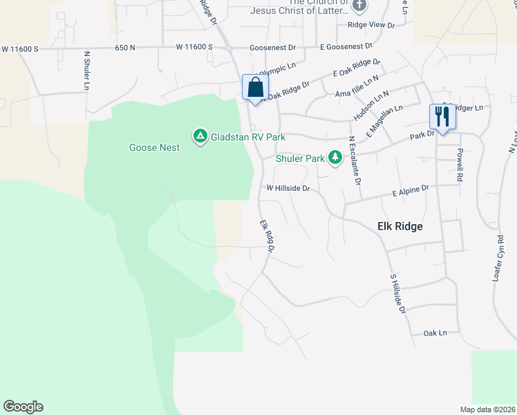 map of restaurants, bars, coffee shops, grocery stores, and more near 26 Elk Ridge Drive in Elk Ridge