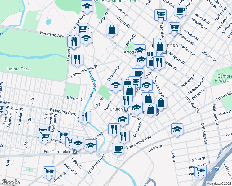map of restaurants, bars, coffee shops, grocery stores, and more near 1439 Church Street in Philadelphia