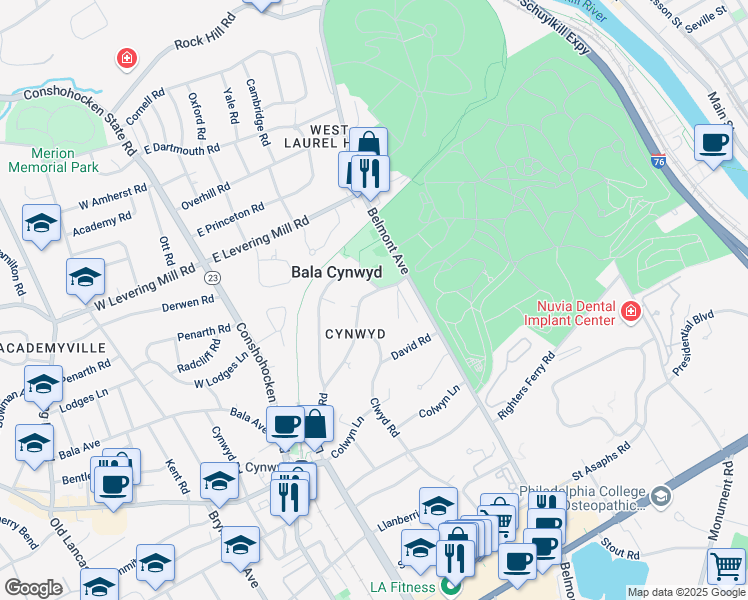 map of restaurants, bars, coffee shops, grocery stores, and more near 347 Llandrillo Road in Bala Cynwyd
