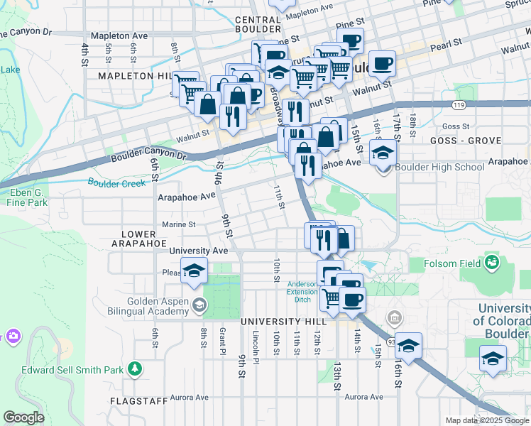 map of restaurants, bars, coffee shops, grocery stores, and more near 1051 Marine Street in Boulder