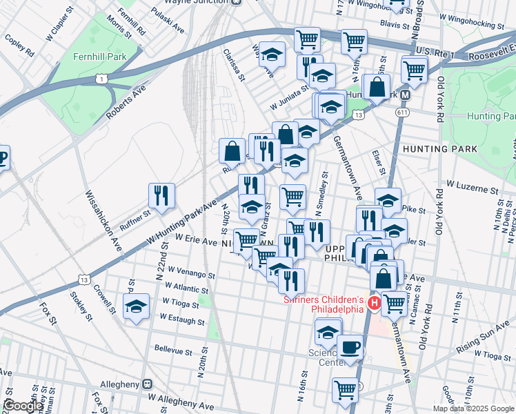 map of restaurants, bars, coffee shops, grocery stores, and more near 3815 North 19th Street in Philadelphia