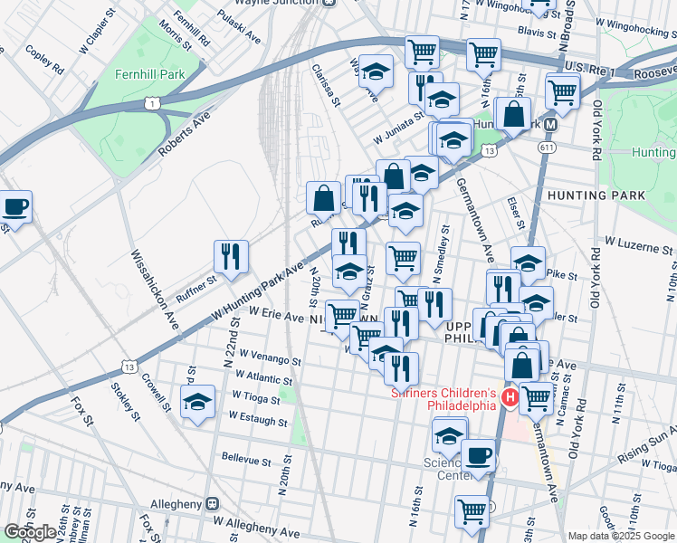 map of restaurants, bars, coffee shops, grocery stores, and more near 1915 W Butler St in Philadelphia