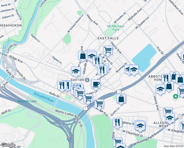 map of restaurants, bars, coffee shops, grocery stores, and more near 3540 New Queen Street in Philadelphia