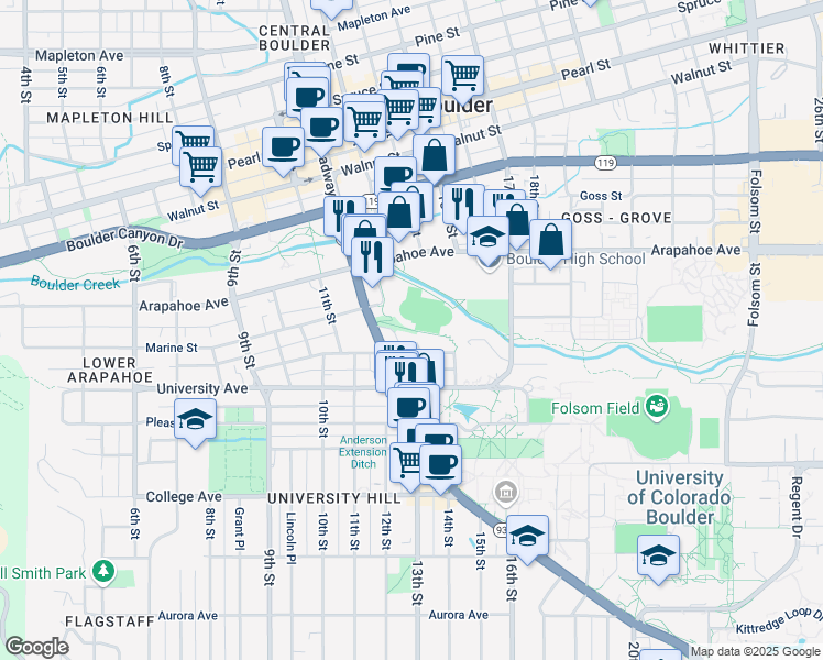 map of restaurants, bars, coffee shops, grocery stores, and more near 1560 Broadway in Boulder