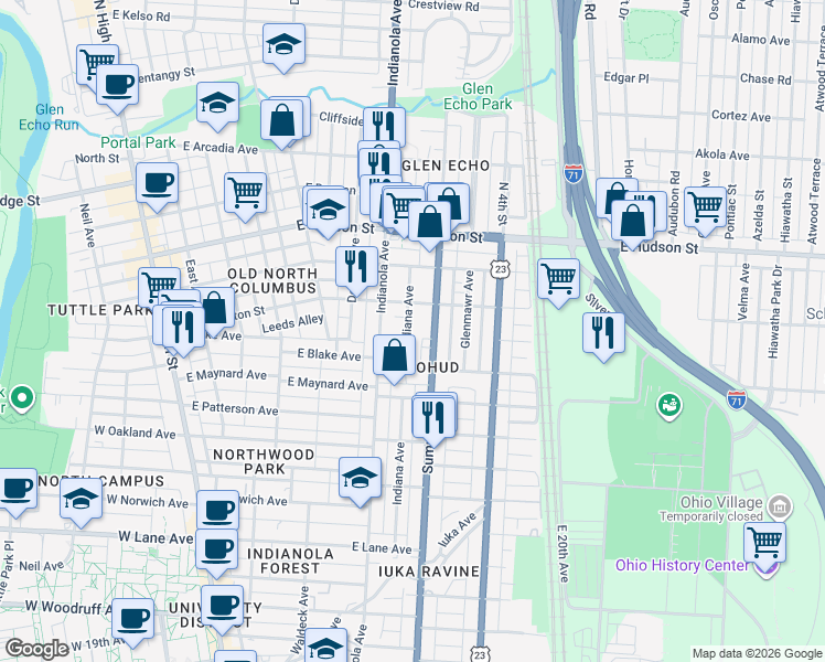 map of restaurants, bars, coffee shops, grocery stores, and more near 2392 Indiana Avenue in Columbus