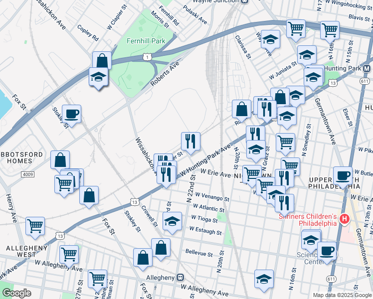 map of restaurants, bars, coffee shops, grocery stores, and more near 2131 Ruffner Street in Philadelphia
