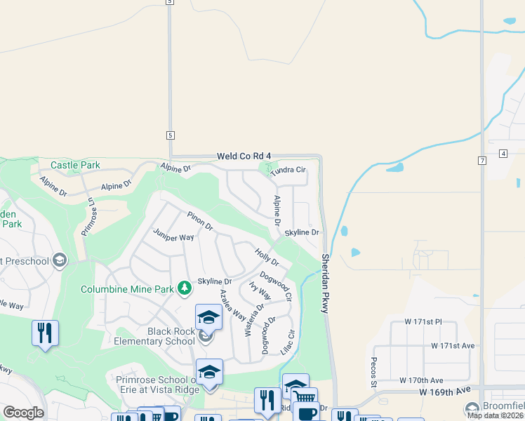 map of restaurants, bars, coffee shops, grocery stores, and more near 2274 Alpine Drive in Erie