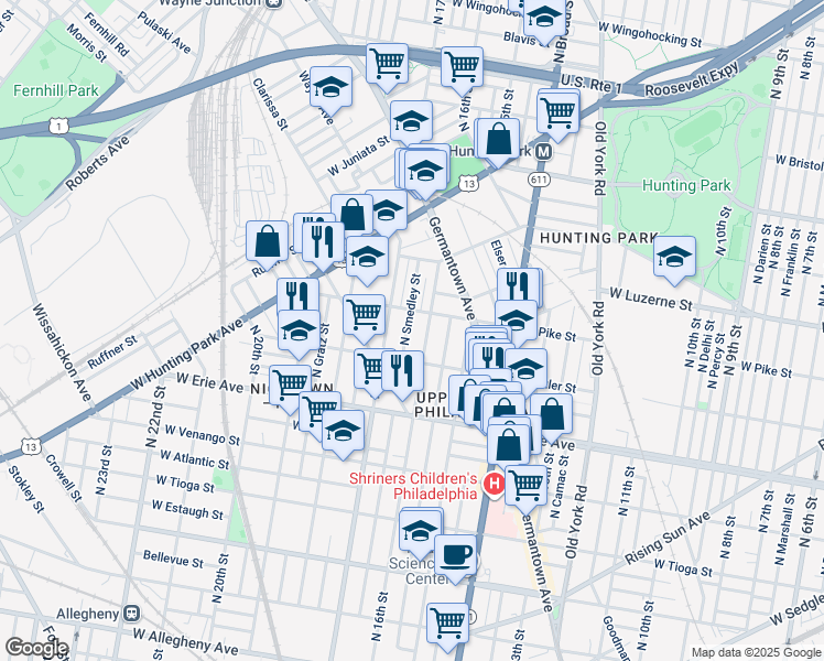 map of restaurants, bars, coffee shops, grocery stores, and more near 3837 North Smedley Street in Philadelphia