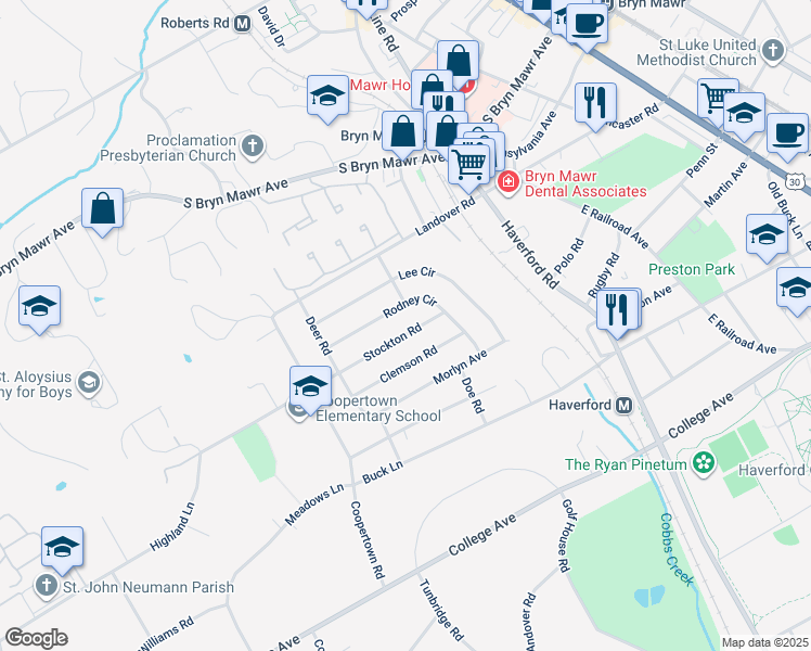map of restaurants, bars, coffee shops, grocery stores, and more near 144 Stockton Road in Bryn Mawr