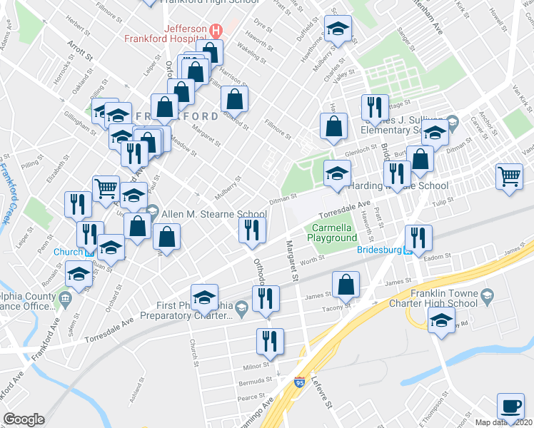 map of restaurants, bars, coffee shops, grocery stores, and more near 2014 Wilmot Street in Philadelphia