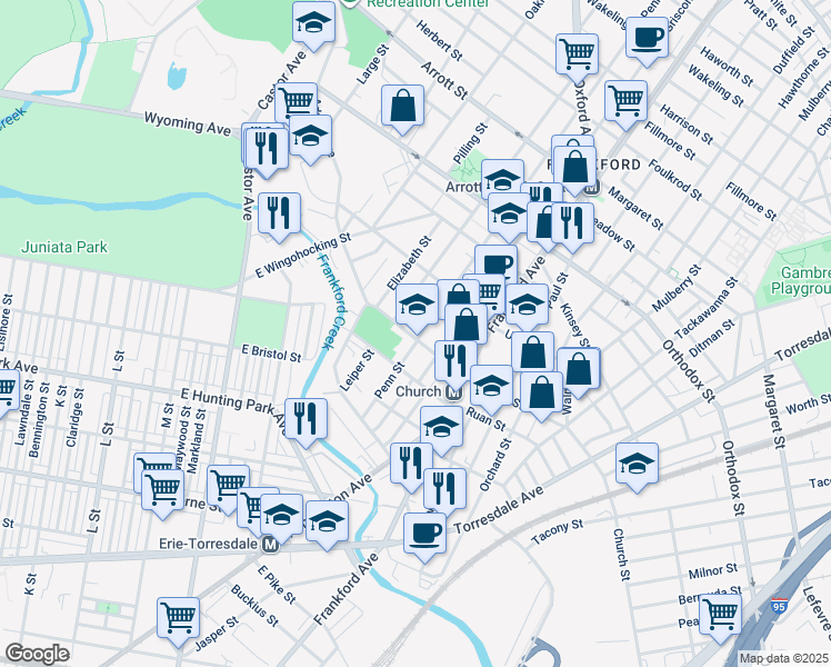 map of restaurants, bars, coffee shops, grocery stores, and more near 1437 Church Street in Philadelphia