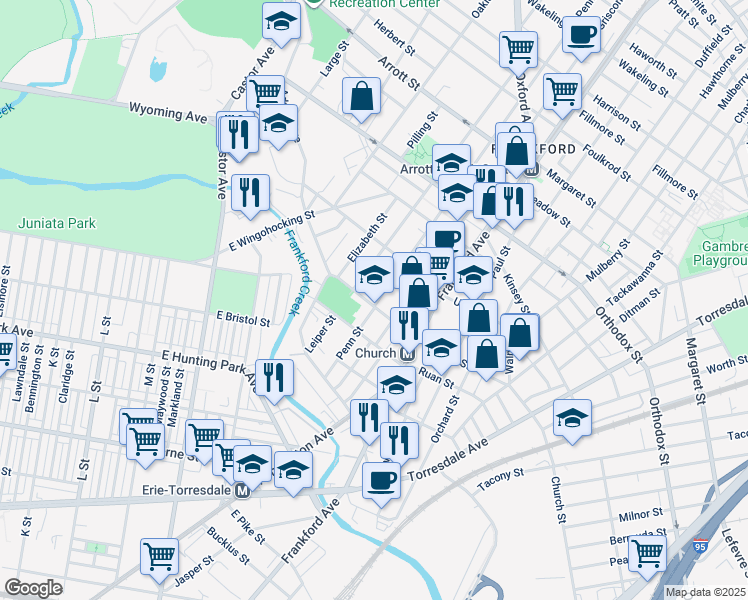 map of restaurants, bars, coffee shops, grocery stores, and more near 1437 Church Street in Philadelphia