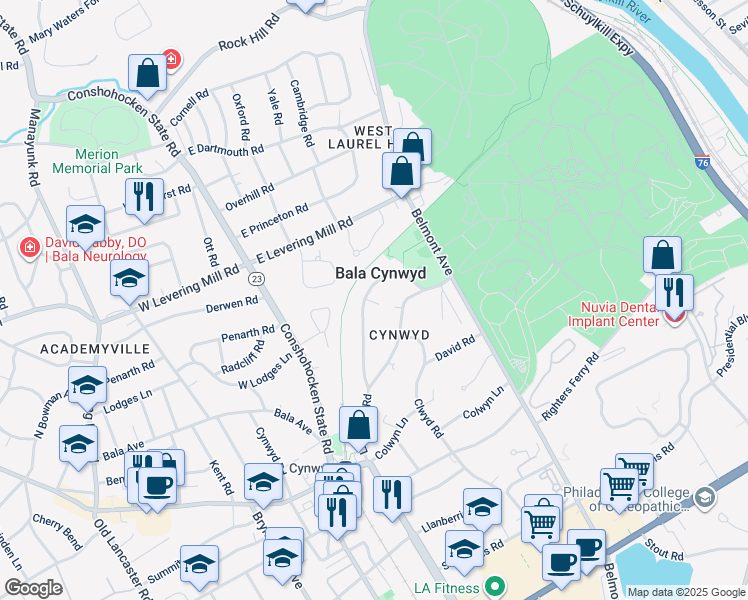 map of restaurants, bars, coffee shops, grocery stores, and more near 353 Trevor Lane in Bala Cynwyd