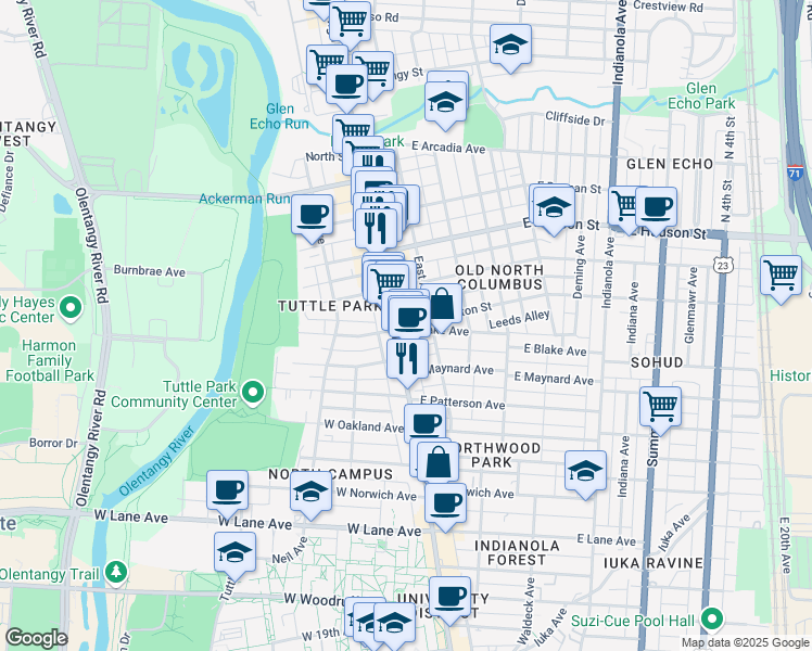 map of restaurants, bars, coffee shops, grocery stores, and more near 2458 North Pearl Street in Columbus