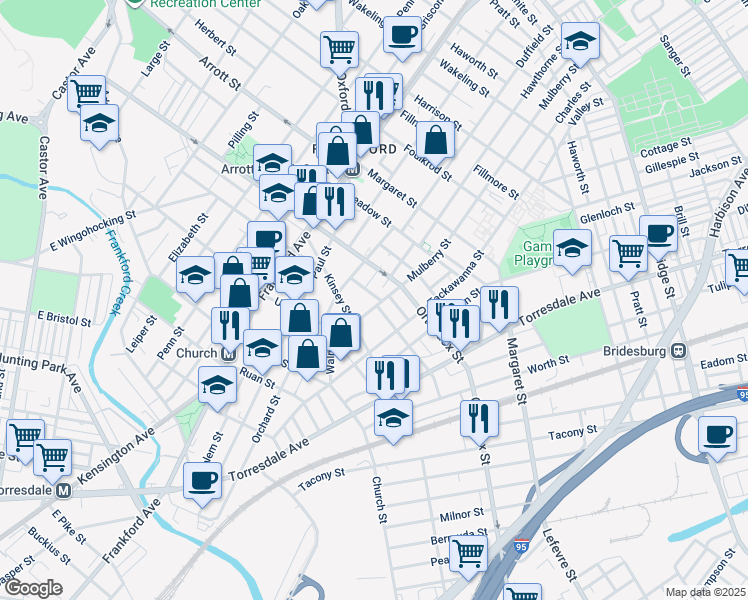 map of restaurants, bars, coffee shops, grocery stores, and more near 4538 Mulberry Street in Philadelphia