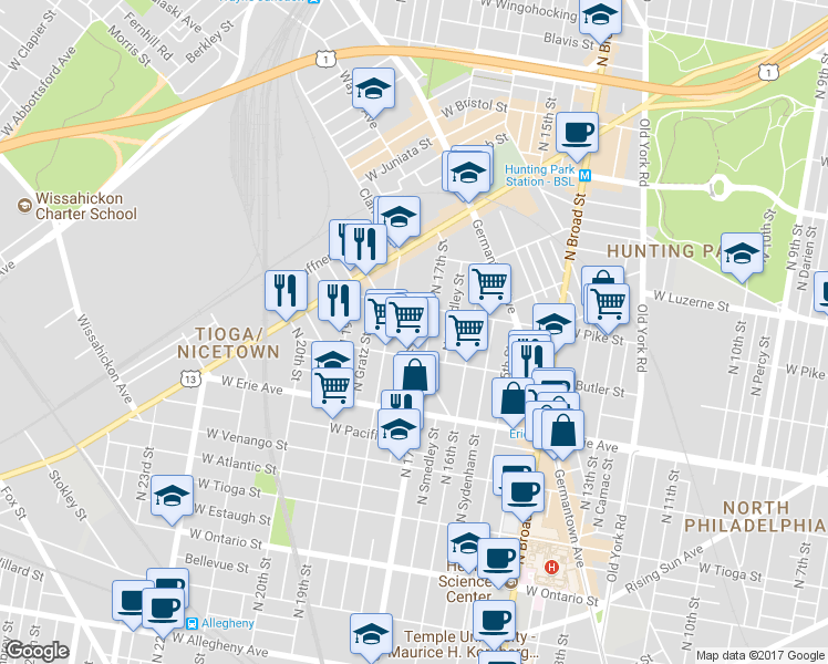 map of restaurants, bars, coffee shops, grocery stores, and more near 3829 North Bouvier Street in Philadelphia