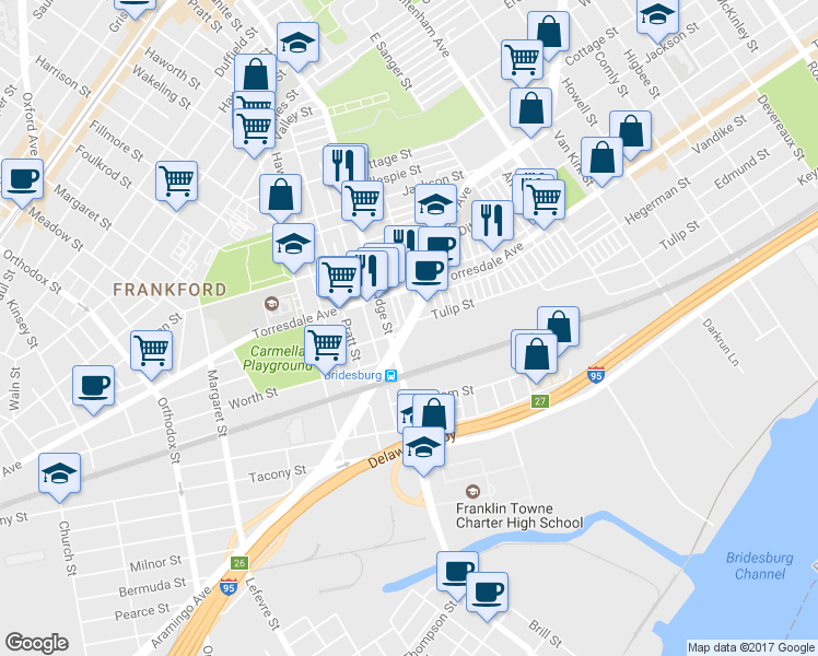map of restaurants, bars, coffee shops, grocery stores, and more near Scattergood Street in Philadelphia