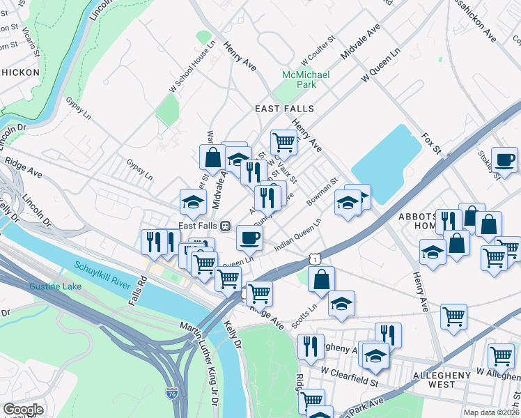 map of restaurants, bars, coffee shops, grocery stores, and more near 3511 Ainslie Street in Philadelphia