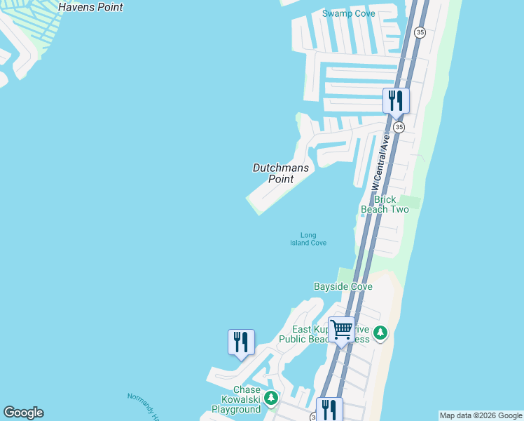 map of restaurants, bars, coffee shops, grocery stores, and more near 264 Dutchmans Point Road in Mantoloking