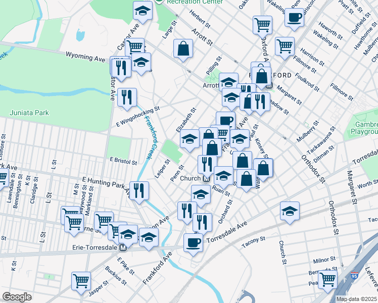 map of restaurants, bars, coffee shops, grocery stores, and more near 1435 Church Street in Philadelphia