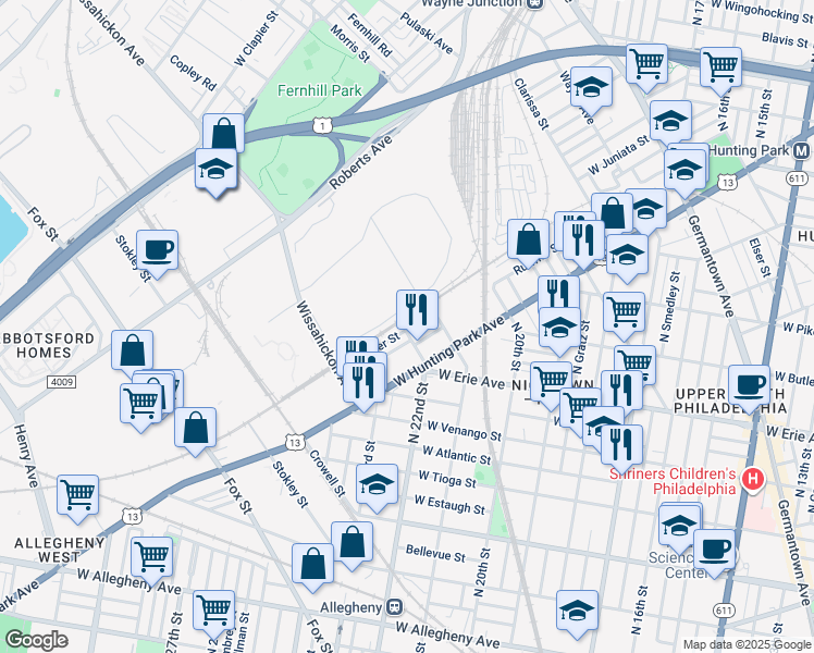 map of restaurants, bars, coffee shops, grocery stores, and more near 2131 Ruffner Street in Philadelphia