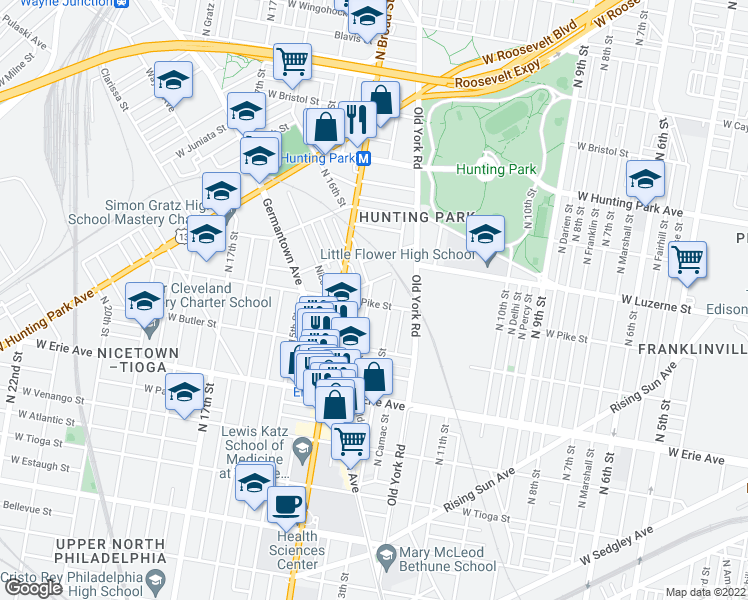 map of restaurants, bars, coffee shops, grocery stores, and more near 1323 West Pike Street in Philadelphia