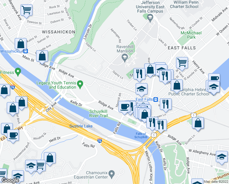 map of restaurants, bars, coffee shops, grocery stores, and more near 4430 Driftwood Drive in Philadelphia