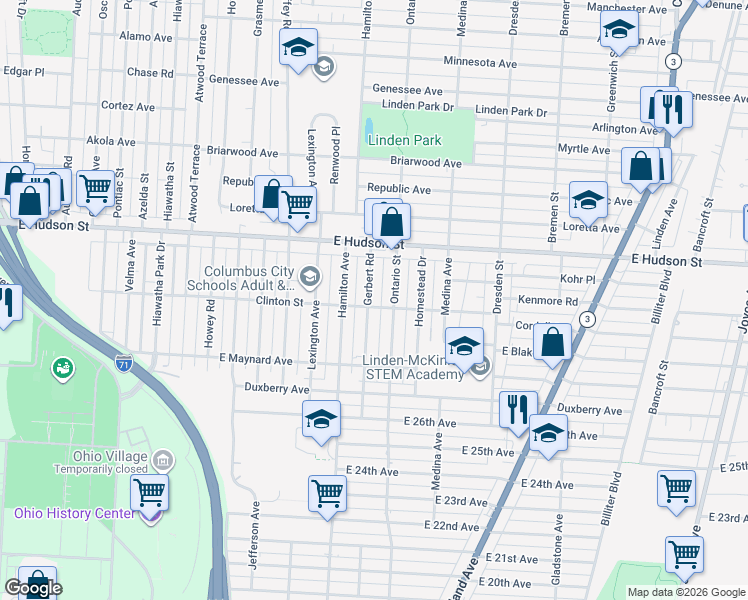 map of restaurants, bars, coffee shops, grocery stores, and more near 2283 Gerbert Road in Columbus