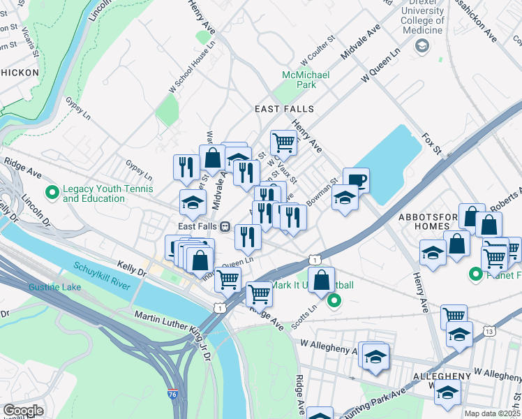 map of restaurants, bars, coffee shops, grocery stores, and more near 3500 Ainslie Street in Philadelphia
