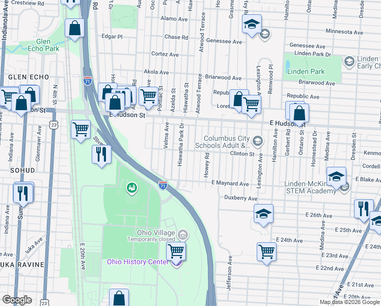 map of restaurants, bars, coffee shops, grocery stores, and more near 2325 Atwood Terrace in Columbus