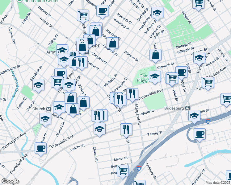 map of restaurants, bars, coffee shops, grocery stores, and more near 4625 Tackawanna Street in Philadelphia
