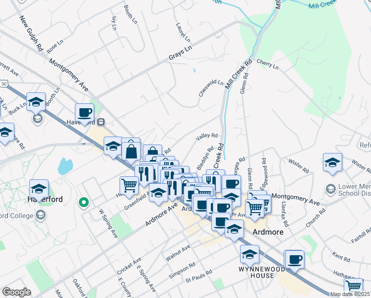 map of restaurants, bars, coffee shops, grocery stores, and more near 130 Valley Road in Ardmore