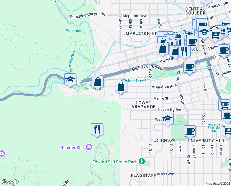 map of restaurants, bars, coffee shops, grocery stores, and more near 358 Arapahoe Avenue in Boulder