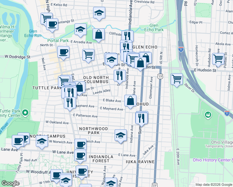 map of restaurants, bars, coffee shops, grocery stores, and more near 2409 Deming Avenue in Columbus