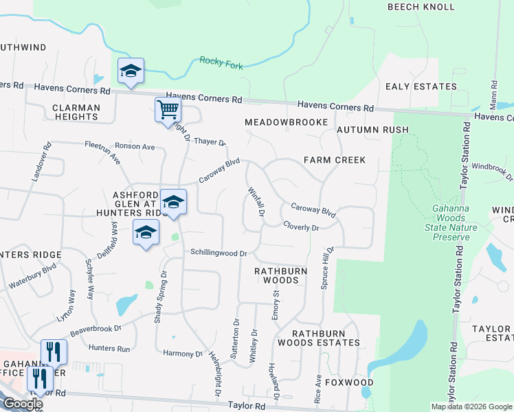 map of restaurants, bars, coffee shops, grocery stores, and more near 236 Winfall Drive in Columbus