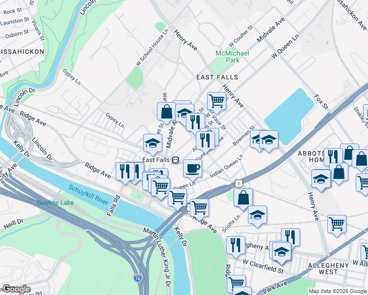 map of restaurants, bars, coffee shops, grocery stores, and more near 3542 New Queen Street in Philadelphia