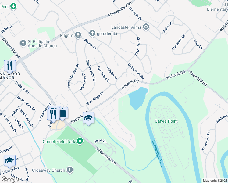 map of restaurants, bars, coffee shops, grocery stores, and more near 1903 Wabank Road in Lancaster