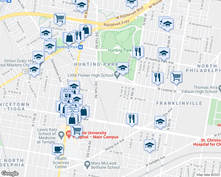 map of restaurants, bars, coffee shops, grocery stores, and more near 3900 North 10th Street in Philadelphia