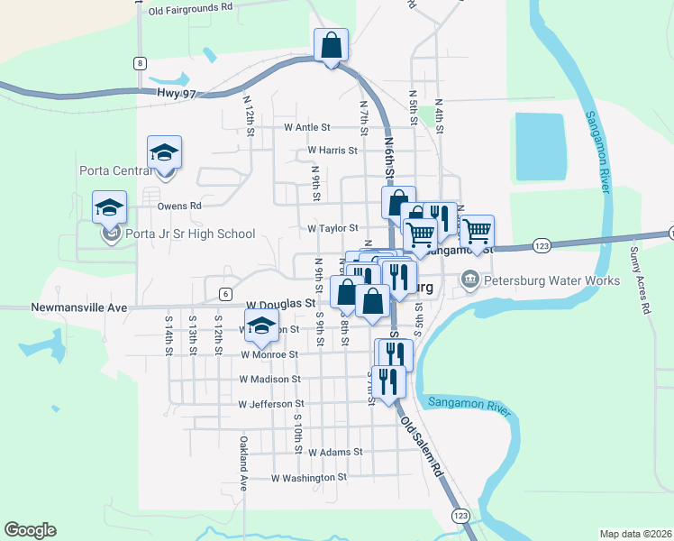 map of restaurants, bars, coffee shops, grocery stores, and more near 200-298 North 9th Street in Petersburg