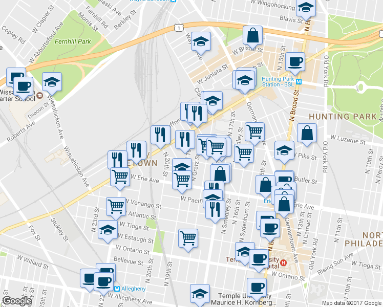 map of restaurants, bars, coffee shops, grocery stores, and more near 3819 North 19th Street in Philadelphia