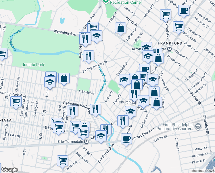 map of restaurants, bars, coffee shops, grocery stores, and more near 4238 Adams Avenue in Philadelphia