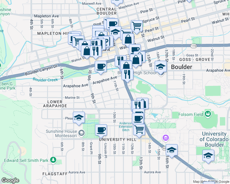 map of restaurants, bars, coffee shops, grocery stores, and more near 1024 Marine Street in Boulder