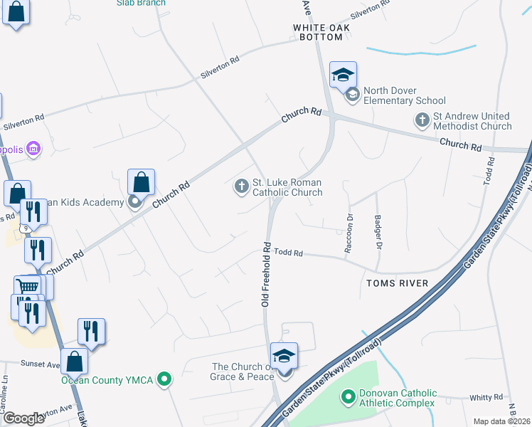 map of restaurants, bars, coffee shops, grocery stores, and more near 1658 Old Freehold Road in Toms River