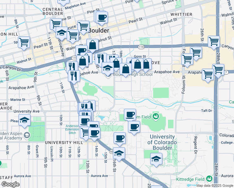 map of restaurants, bars, coffee shops, grocery stores, and more near in Boulder