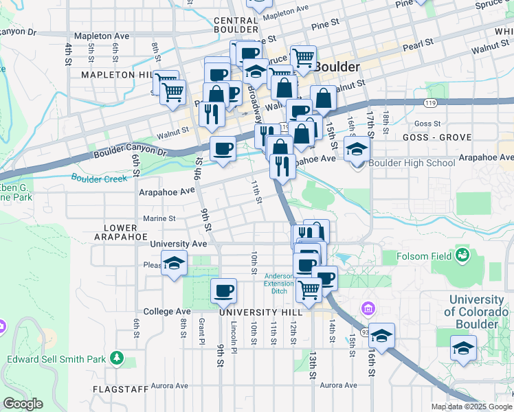 map of restaurants, bars, coffee shops, grocery stores, and more near 1555 Broadway in Boulder