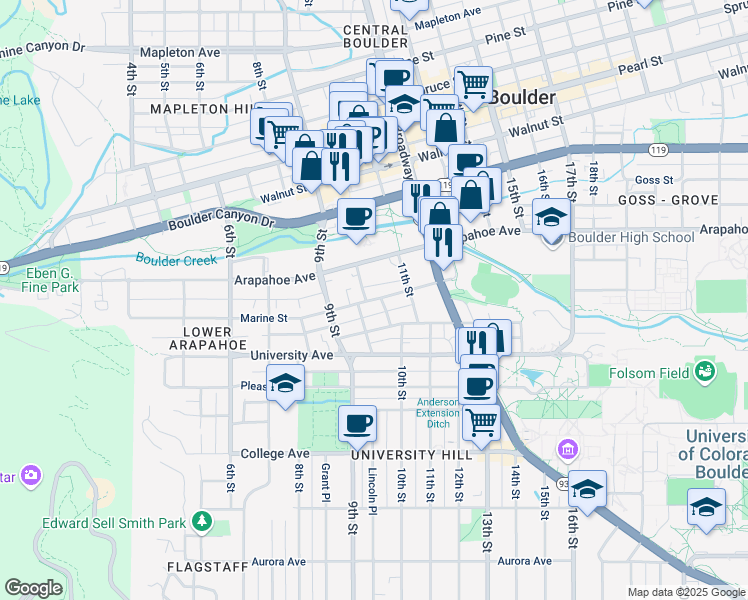 map of restaurants, bars, coffee shops, grocery stores, and more near 1051 Marine Street in Boulder