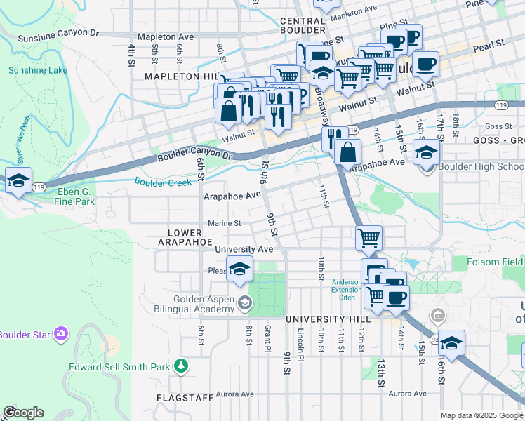 map of restaurants, bars, coffee shops, grocery stores, and more near 1639 9th Street in Boulder